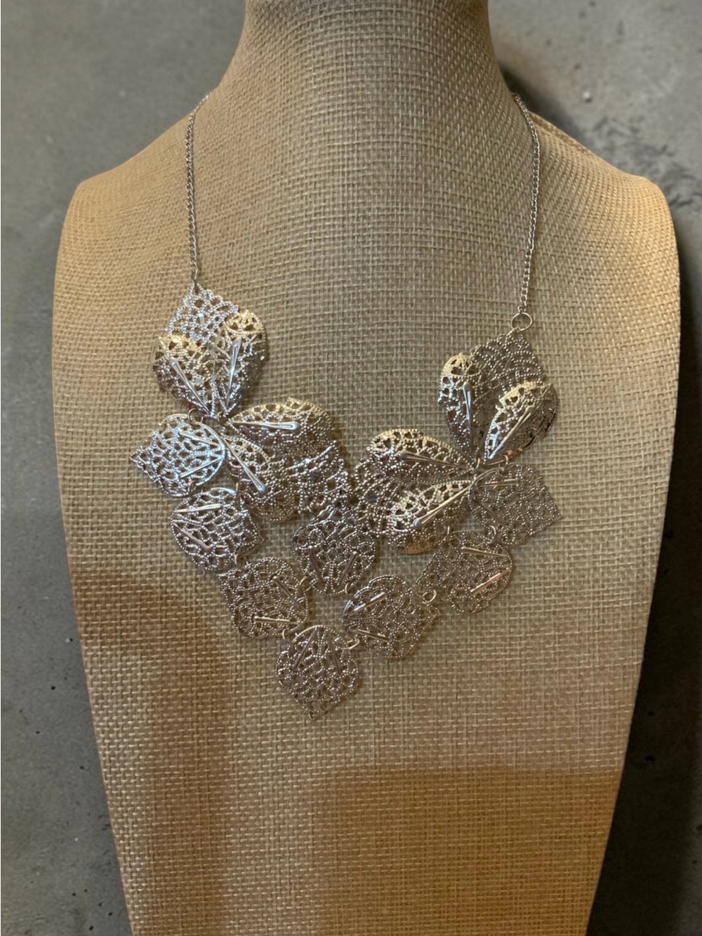 Silver Tone Filigree Leaf Statement Necklace